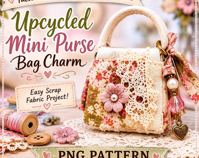 Upcycled Mini Purse Bag Charm Pattern, Easy Scrap Fabric Sewing Project, Beginner DIY Bag Charm Tutorial, Fabric Scrap Craft
