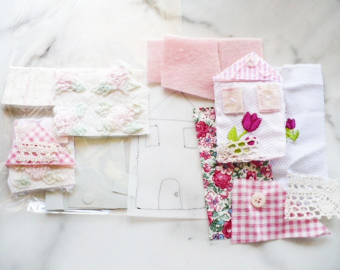 Pink Tiny House Slow Stitch Kit With 30 Items 2 Templates Vintage Altered Book Box Embellishment Gift Set