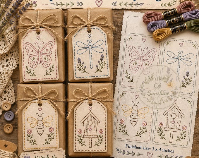 Paper Embroidery Gift Tag Pattern PDF Storybook Paper Stitch Companion Butterfly Bee Dragonfly Birdhouse Learn To Stitch On Paper