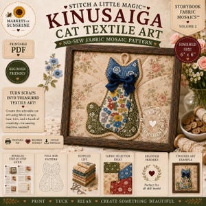May include: A Kinusaiga cat textile art project featuring a no-sew fabric mosaic pattern. The cat shape is crafted from floral and patterned fabrics with a dark blue bow, framed in wood. The finished size is 6 inches by 6 inches.