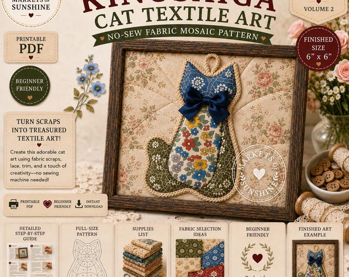 Kinusaiga Cat Pattern Digital PNG No Sew Fabric Mosaic Art Fabric Scrap Project Slow Stitch Inspired Beginner DIY Wall Art Cottagecore Gift