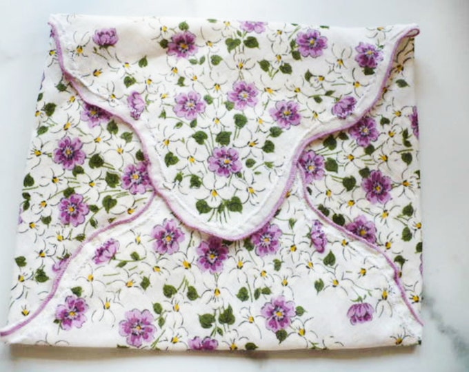 Soft Travel Pouch Purple and White Floral Vintage Hankie Case For Slow Stitch Kit Supplies