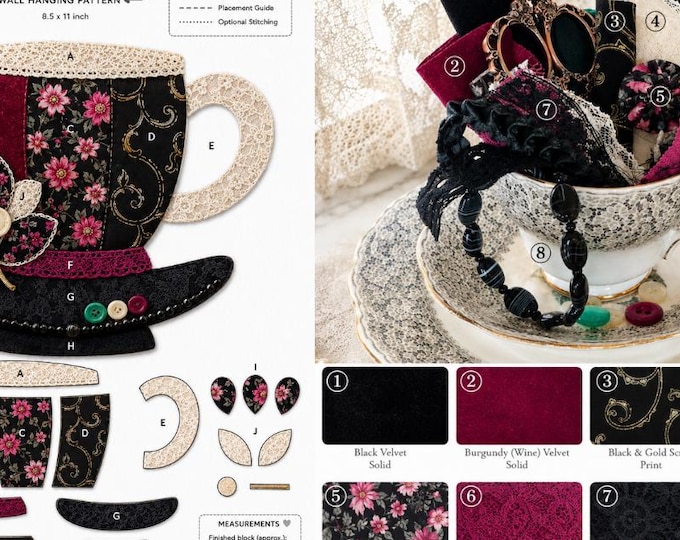 Deluxe Victorian Academia Slow Stitch Kit Vintage Teacup Needle Book Pattern Patchwork Teacup Pattern Fabric Art Cottagecore Gift for Women