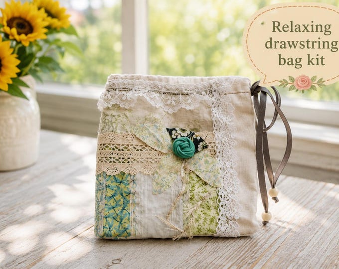 Relaxing Drawstring Bag Slow Stitch Kit – Beginner Hand Sewing Project with Vintage Lace & Fabrics – Mindful Textile Art Gift for Women