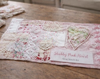 Pink Slow Stitch Kit: Vintage Fabric, Beaded Heart Applique