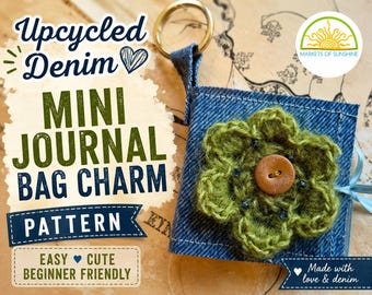 Upcycled Denim Mini Journal Bag Charm Pattern, Easy Scrap Fabric Sewing Project, Beginner DIY Bag Charm Tutorial, Fabric Scrap Craft