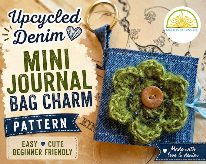 Upcycled Denim Mini Journal Bag Charm Pattern, Easy Scrap Fabric Sewing Project, Beginner DIY Bag Charm Tutorial, Fabric Scrap Craft