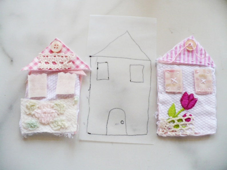 Pink Tiny House Slow Stitch Kit With 30 Items, 2 Templates, Vintage Altered Book Box, Embellishment Gift Set. image 7