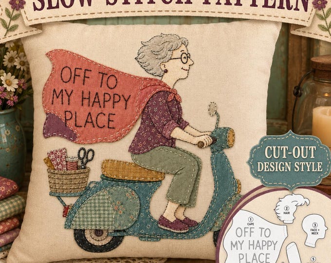Slow Stitch Appliqué Pattern PNG Off to My Happy Place Scooter Pillow, Paper Doll Cut-Out Templates Beginner Sewing Gift Crafting Humor