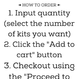 May include: A black and white instructional graphic with the heading HOW TO ORDER. The text lists three steps: 1. Input quantity (select the number of kits you want), 2. Click the Add to cart button, and 3. Checkout using the Proceed to.