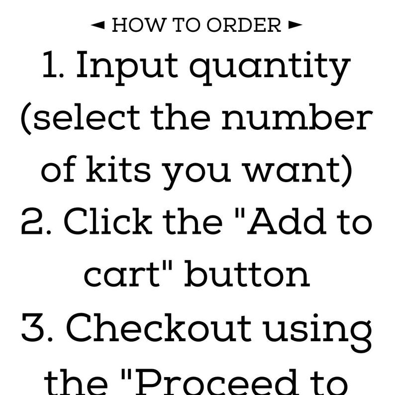 May include: A black and white instructional graphic with the heading HOW TO ORDER. The text lists three steps: 1. Input quantity (select the number of kits you want), 2. Click the Add to cart button, and 3. Checkout using the Proceed to.