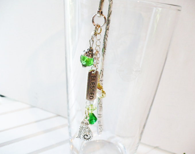 Cat Metal Bookmark Inspirational Charm Green Beads Teacup and Blessed Silver Dangle. Book Lover or Planner Charm Page Marker Gift for Women.