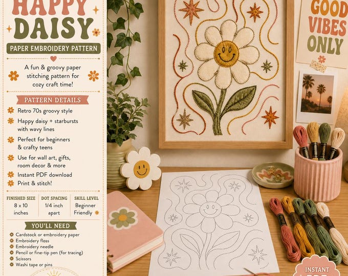 Aesthetic Retro 70s Paper Embroidery Pattern PNG Groovy Daisy Flower Sewing Template Printable Smiley Face Room Decor Craft for Young Adults