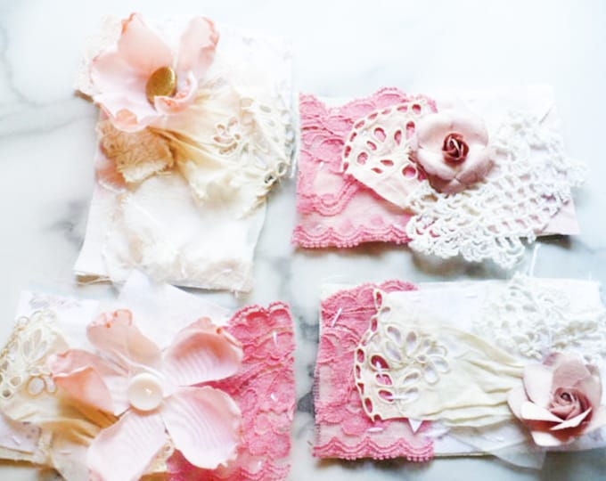 Peach and Cream Snippet Clusters For Junk Journals and Slow Stitch Projects With Vintage Lace buttons and Fabric