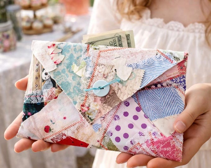 Shabby Chic Envelope Fabric Pouch Gift Wrap Collectible Ephemera Junk Journal Slow Stitch Money Holder Clutch Vintage Style Country