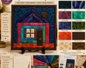Tiny House Log Cabin Kinusaiga Kit No Sew Quilt Inspired Fabric Art DIY Beginner Friendly 6x6 Cottage Craft