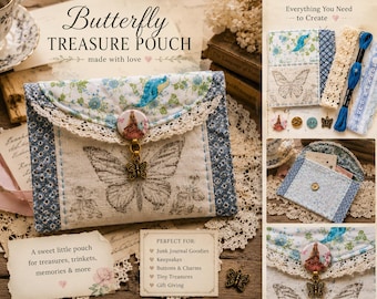 Butterfly Mug Rug Treasure Pouch Kit Textile Art Sewing Project Vintage Lace Button Collection Beginner Fabric Craft with Pattern