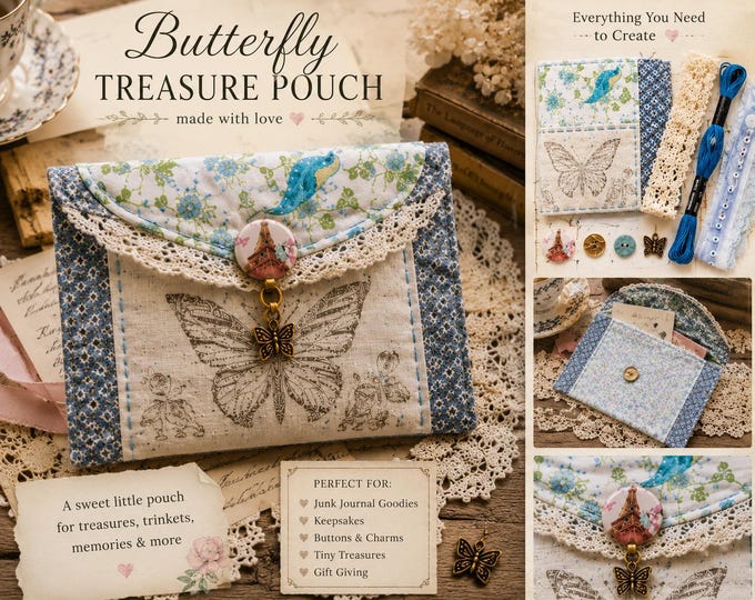 Butterfly Mug Rug Treasure Pouch Kit Textile Art Sewing Project Vintage Lace Button Collection Beginner Fabric Craft with Pattern