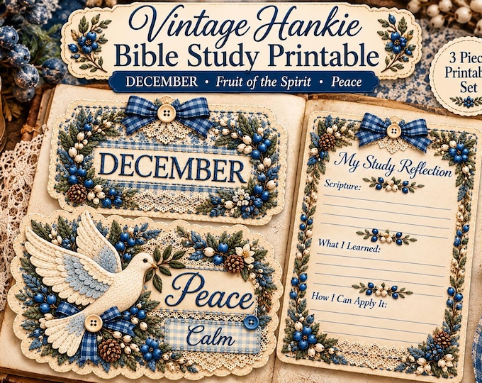 Bible Journaling Printable, Fruit of the Spirit Peace, Scripture Reflection Card, Vintage Hankie Ephemera, Christian Gift December Tag