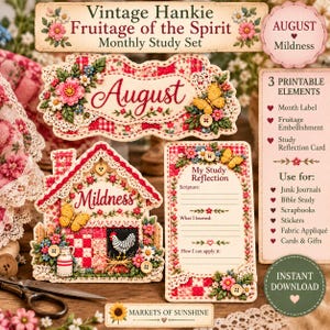 May include: A printable monthly study set featuring a decorative August label, a house-shaped Mildness card, and a study reflection card. The designs include red and white checkered patterns, floral embroidery motifs, yellow butterflies, and a black and white chicken illustration with text labels.