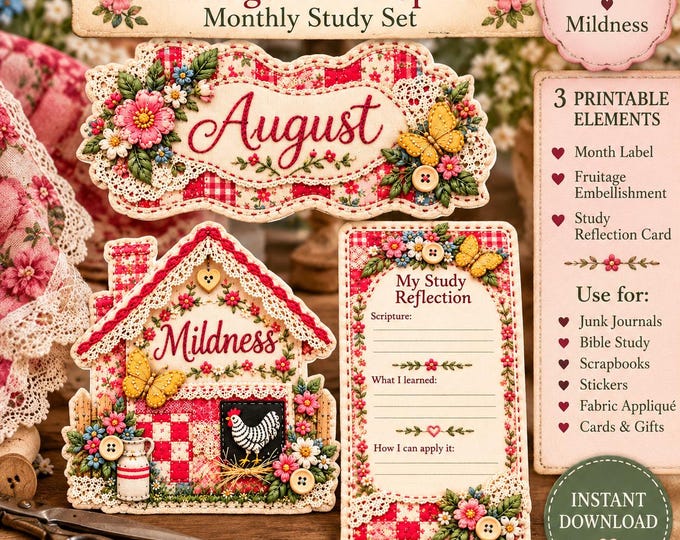 Bible Study Printable Journal Kit, Fruitages of the Spirit Mildness, Scripture Reflection Cards, Vintage Hankie Stickers, Christian Gift