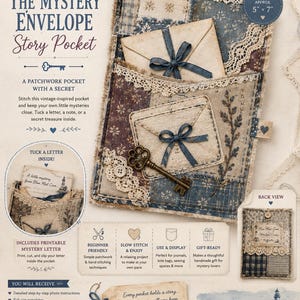 Puede incluir: Un bolsillo de tela de patchwork titulado The Mystery Envelope Story Pocket de la colección Blue Mist Cove. El diseño presenta patrones florales azules y beige, ribete de encaje, un botón pequeño y una llave de metal. Mide 12,7 cm por 17,8 cm.