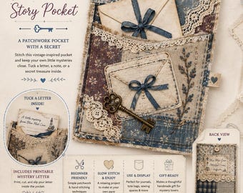 Upcycled Fabric Patchwork Story Pocket Sewing Pattern PNG The Mystery Envelope Slow Stitch Applique Journal Pocket Craft Blue Mist Cove