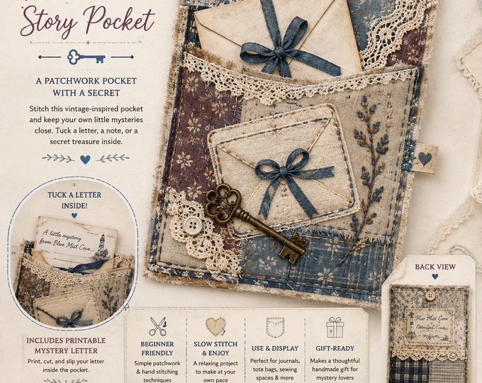 Upcycled Fabric Patchwork Story Pocket Sewing Pattern PDF The Mystery Envelope Slow Stitch Applique Journal Pocket Craft Blue Mist Cove