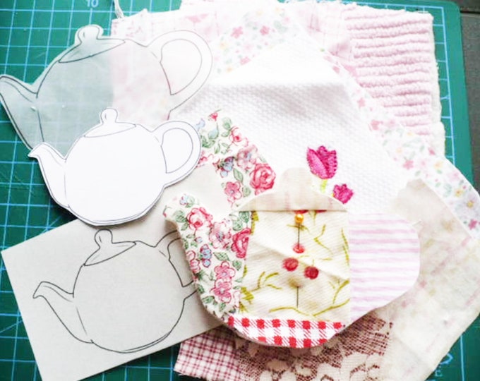 Patchwork Teapot Slow Stitch Kit With Easy Applique Pattern and Altered Book Box For Junk Journals, Quilting, Embroidery, Card Making
