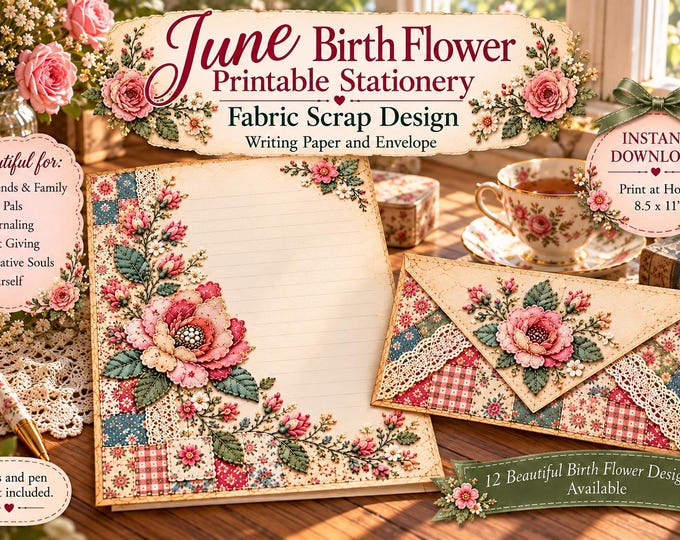 June Birth Flower Printable Stationery Fabric Scrap Design Thoughtful Gift for Her Vintage Writing Paper and Envelope Digital Download PDF