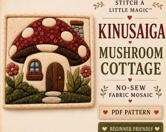 Kinusaiga Mushroom Cottage Pattern No-Sew Fabric Mosaic Template Cottagecore Fabric Inlay Wall Art Upcycled Textile Craft PNG Printable