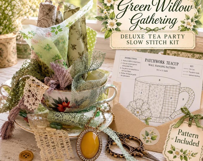 The Green Willow Gathering Deluxe Tea Party Sewing Kit | Elegant Botanical Bohemian Slow Stitch Gift Box with Vintage Teacup Pattern