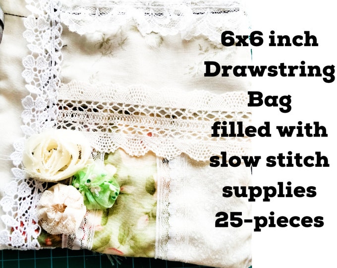 Green Drawstring Bag Filled With Slow Stitch Kit 25+ Pieces For Junk Journals, Quilting, Applique, Fabric Art,  Gift For Friend.