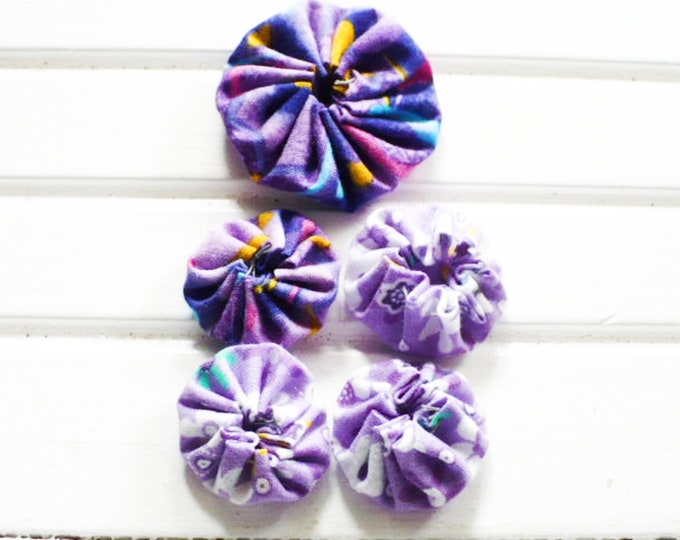 Fabric YoYo Purple Floral Embellishments For Craft and Sewing Projects Handmade Gift For Friend. Set of 5