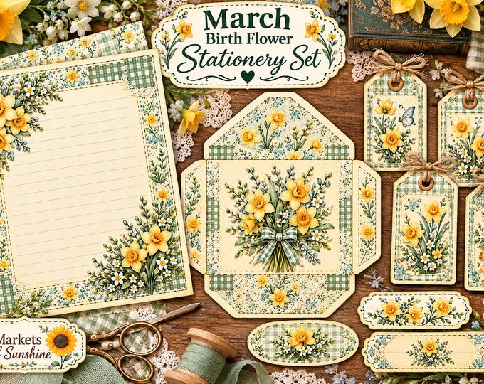 Daffodil Birth Flower Printable Stationery Fabric Scrap Design Keeping in Touch Gift Vintage Writing Paper and Envelope Digital Download PDF