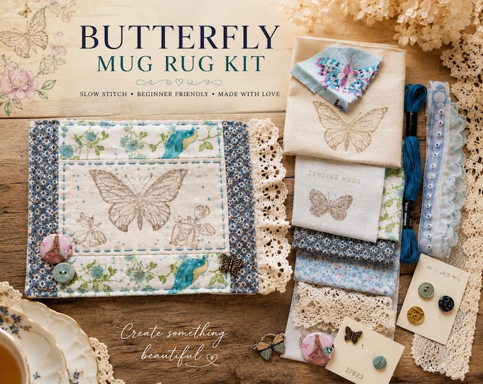 Butterfly Tea and Thread Gathering Kit Slow Stitch Textile Art Project Embroidery Pattern Included Vintage Lace Buttons Fabric Collage Craft