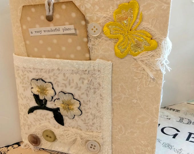 Handmade Butterfly Mini Journal Travelers Notebook Insert Cloth Decorated Pockets Scripture, Poetry, Gratitude Gift For Friend