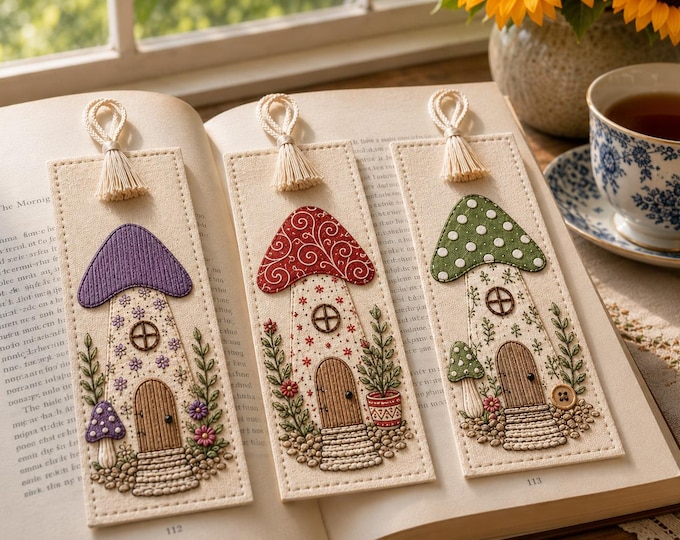 Mushroom Bookmark Slow Stitch Embroidery Kit for Beginners | Cottagecore Sewing Gift for Book Lovers | Fabric Art DIY Craft Kit