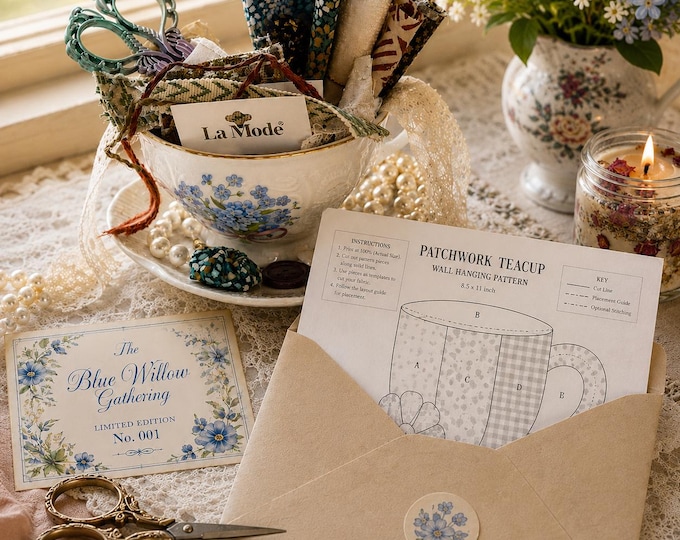 The Blue Willow Gathering  Deluxe Tea Party Sewing Kit | Elegant Botanical Bohemian Slow Stitch Gift Box with Vintage Teacup