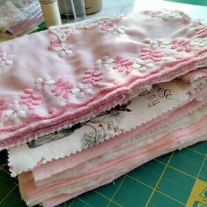 Embroidery Kit Slow Stitching Supplies Fabric Scraps Lace Scraps Ribbon Scraps Button Collection Pink Fabric White Fabric Cream Fabric Craft Supplies Shabby Chic Supplies Junk Journal Supplies Beginner Embroidery Kit