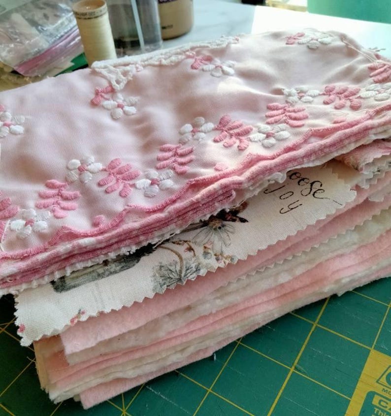 Embroidery Kit Slow Stitching Supplies Fabric Scraps Lace Scraps Ribbon Scraps Button Collection Pink Fabric White Fabric Cream Fabric Craft Supplies Shabby Chic Supplies Junk Journal Supplies Beginner Embroidery Kit