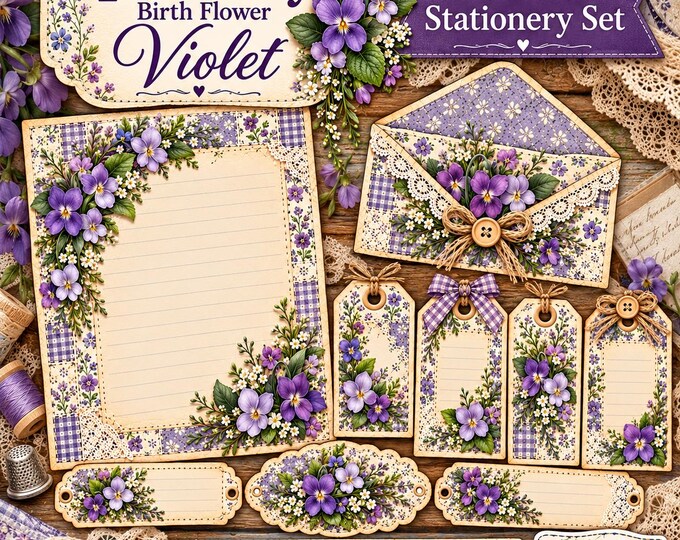 February Birth Flower Printable Stationery Fabric Scrap Design Keeping in Touch Gift Vintage Writing Paper and Envelope Digital Download PDF
