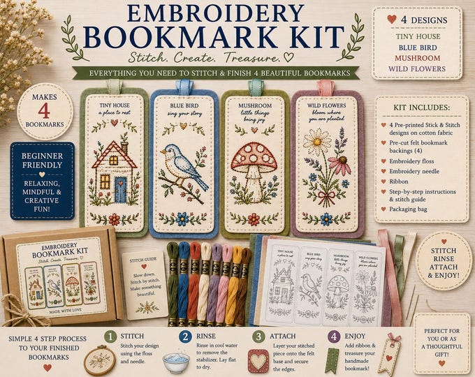 Botanical Bookmark Slow Stitch Embroidery Kit for Beginners | Cottagecore Sewing Gift for Book Lovers | Fabric Art DIY Craft Kit