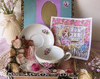 The Cottage Garden Gathering – Vintage Cottagecore Slow Stitch Kit - Hand Decorated Cigar Box with Floral Teacup & Choice of Ty Beanie Baby