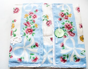 Soft Travel Pouch Red Roses Floral Blue and White Vintage Hankie Case For Slow Stitch Kit Supplies Holder