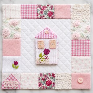 May include: A handmade textile art piece featuring a central house applique with a pink and white striped roof and embroidered flower. The square design incorporates various pink fabrics, including floral prints, gingham, and lace, with a quilted white background.
