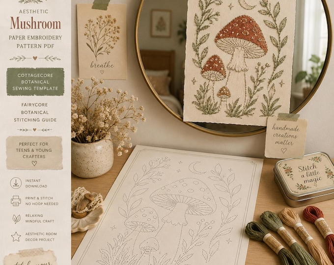 Aesthetic Mushroom Paper Embroidery Pattern PNG | Cottagecore Botanical Sewing Template Printable | Fairycore Room Decor Craft for Teens