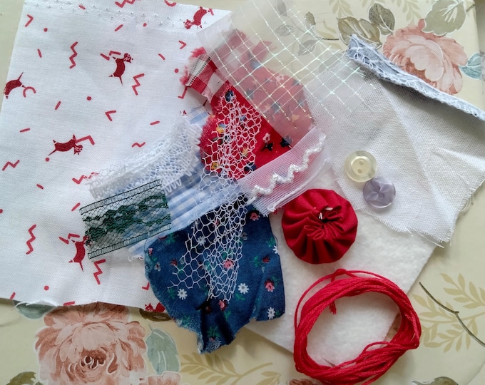 Cozy Cat Slow Stitch Kit for Beginners – Make Your Own Snippet Roll Cluster Embellishment with Red Cat Fabric