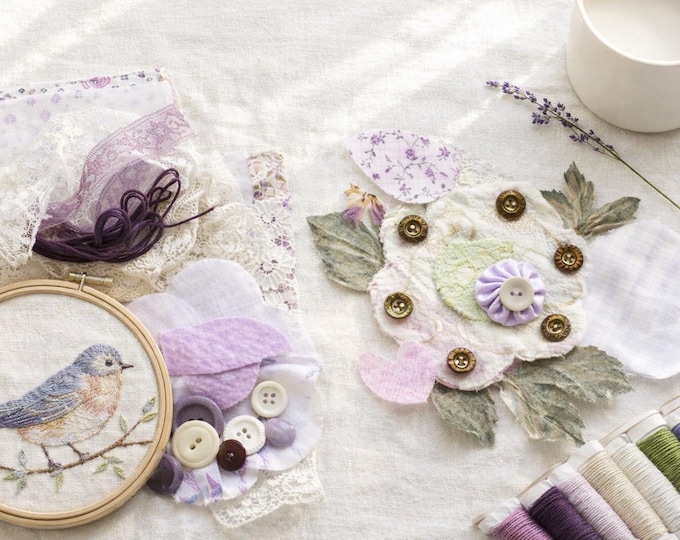 Beginner Floral Slow Stitching Kit Lavender Bird Embroidery Kit Cottagecore DIY Sewing Craft Gift