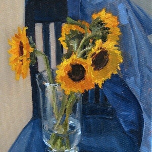 Sale! Framed art oil painting "Sunflowers on a Blue Chair " original art by Sarah Sedwick 6x8in Free Shipping